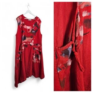 T by Transparente Red Linen Sleeveless Lagenlook Dress Italy Pocket M/L Artisana